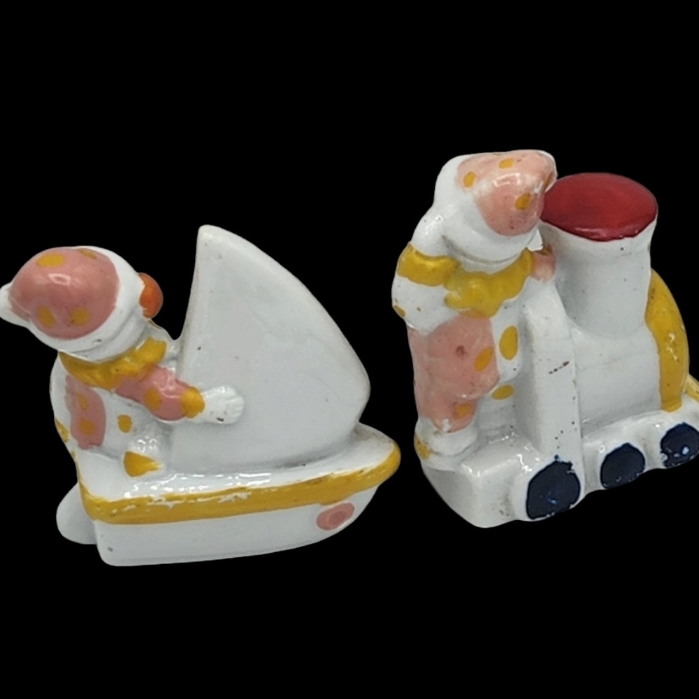 Porcelain Clown Figurines Pair Riding Train and Boat Set of 2 - Picture 2 of 4